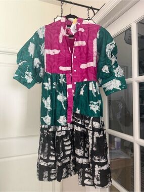 BUSAYO Tiered Colorblock Casual Dress in Green, Pink & Black
